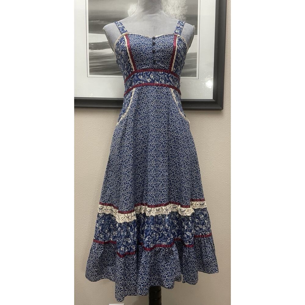 Gunne Sax by Jessica McClintock prairie midi dress blue and white calico MINT - Picture 2 of 16
